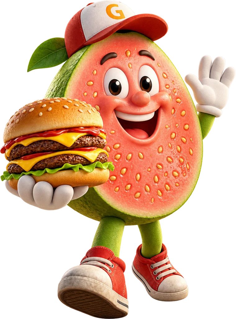 João Goiaba, o mascote 3D do Goiaba's Lanches, acenando e oferecendo um hambúrguer