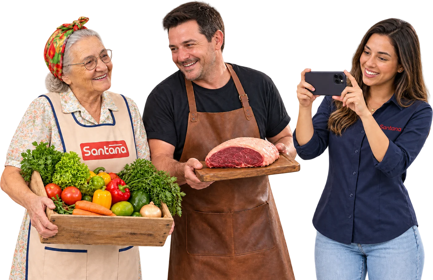 Dona Santinha, Tião Brasa e Mari, os três personagens criados para o Supermercado Santana
