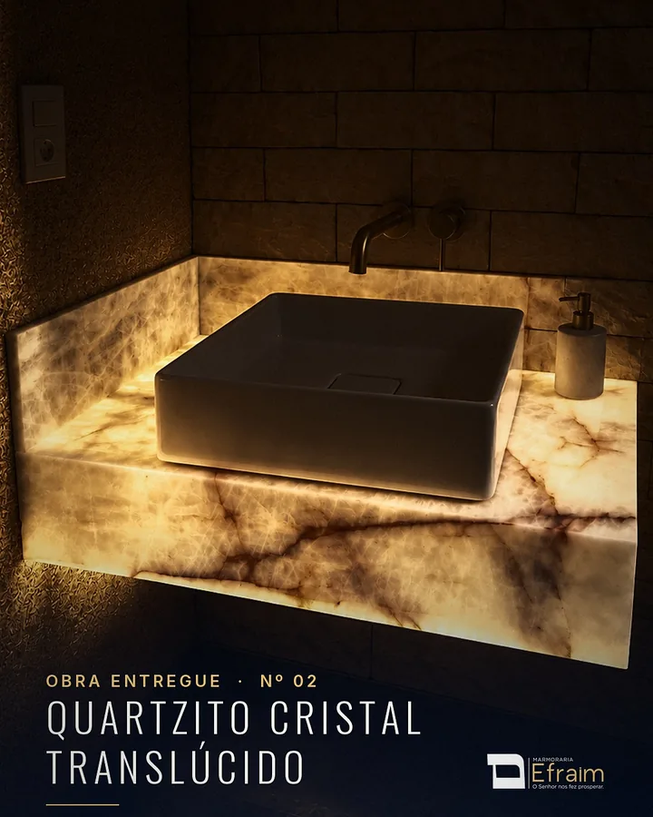 Capa do Reels OBRA ENTREGUE Nº 02: lavatório em quartzito Cristal Translúcido iluminado por dentro