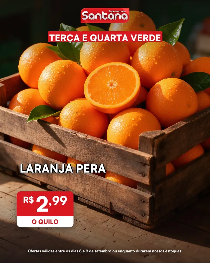 Post de oferta do Supermercado Santana: laranja pera, R$ 2,99 o quilo