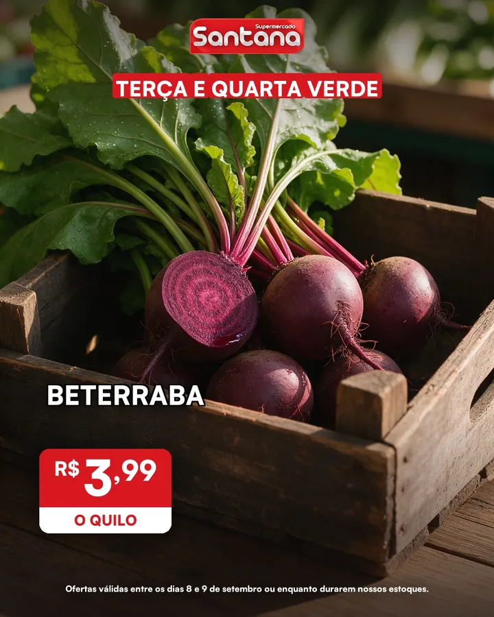 Post de oferta do Supermercado Santana: beterraba, R$ 3,99 o quilo