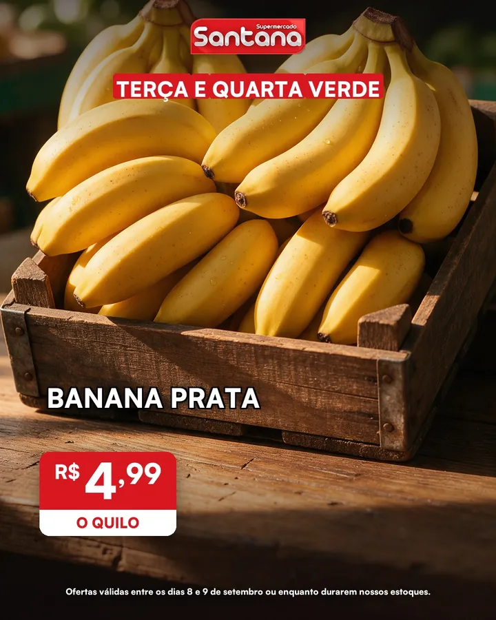 Post de oferta do Supermercado Santana: banana prata, R$ 4,99 o quilo