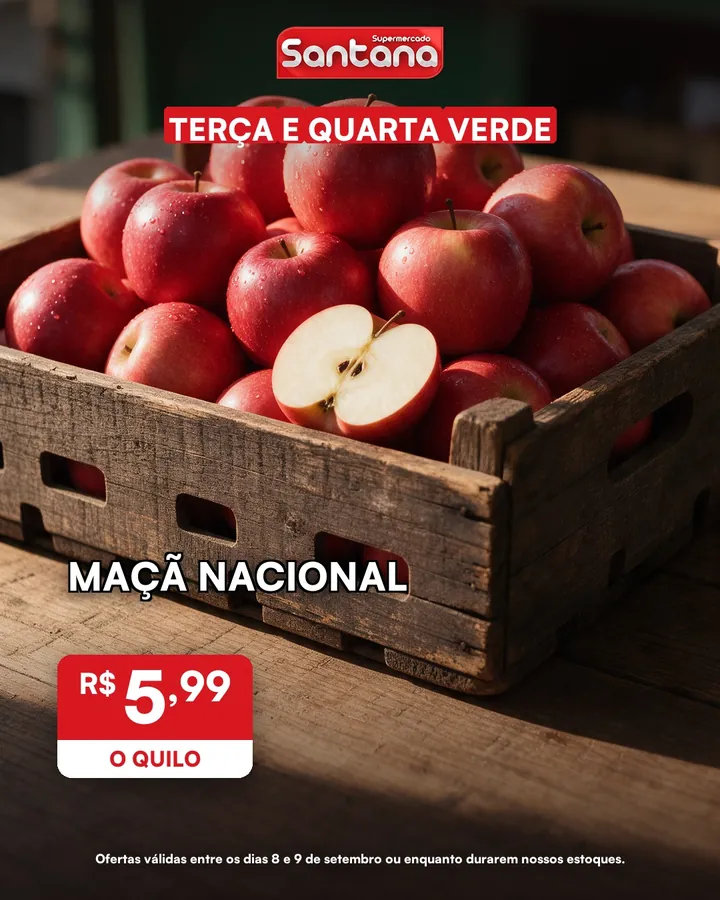 Post de oferta do Supermercado Santana: maçã nacional, R$ 5,99 o quilo