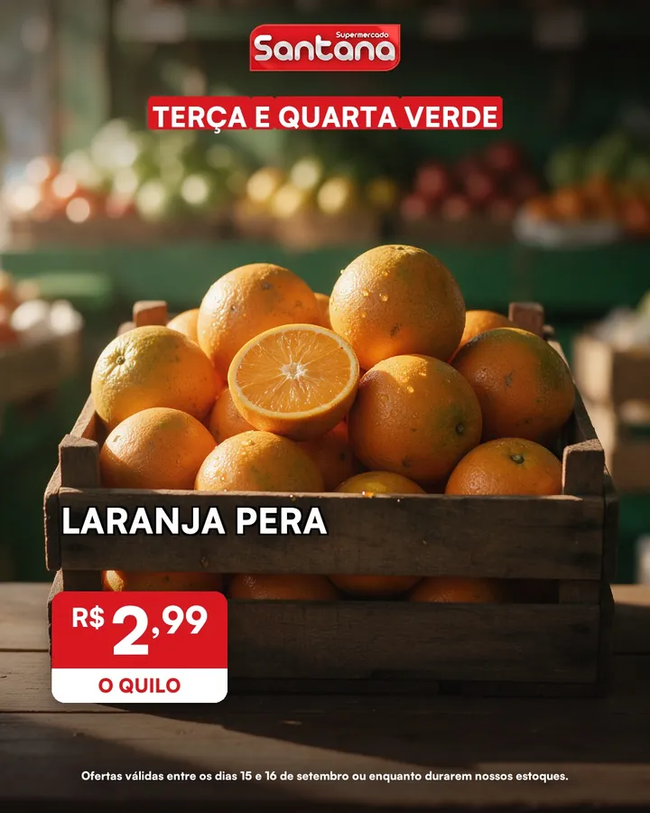 Post de oferta do Supermercado Santana: laranja pera, R$ 2,99 o quilo