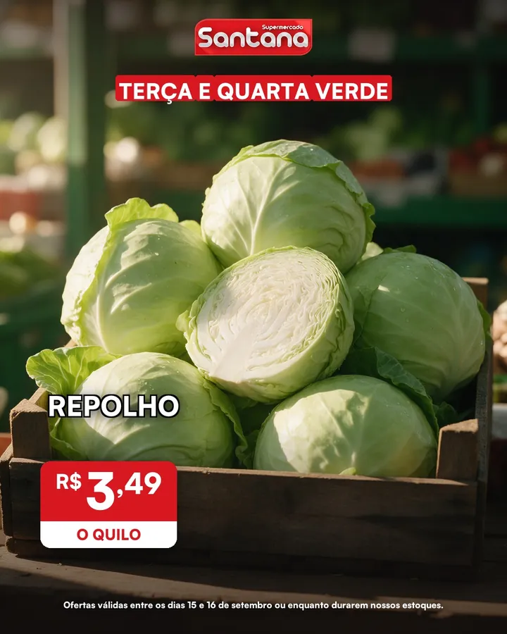 Post de oferta do Supermercado Santana: repolho, R$ 3,49 o quilo